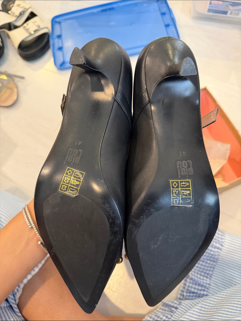 Bibi Lou Black Leather Pointed Mary Jane Pumps with Gold Bit - Picture 4 of 10